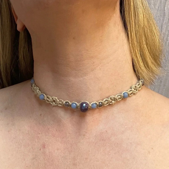 NWT Handmade by Me Macraméd Natural Hemp Purple & Blue Choker Necklace - Picture 1 of 10